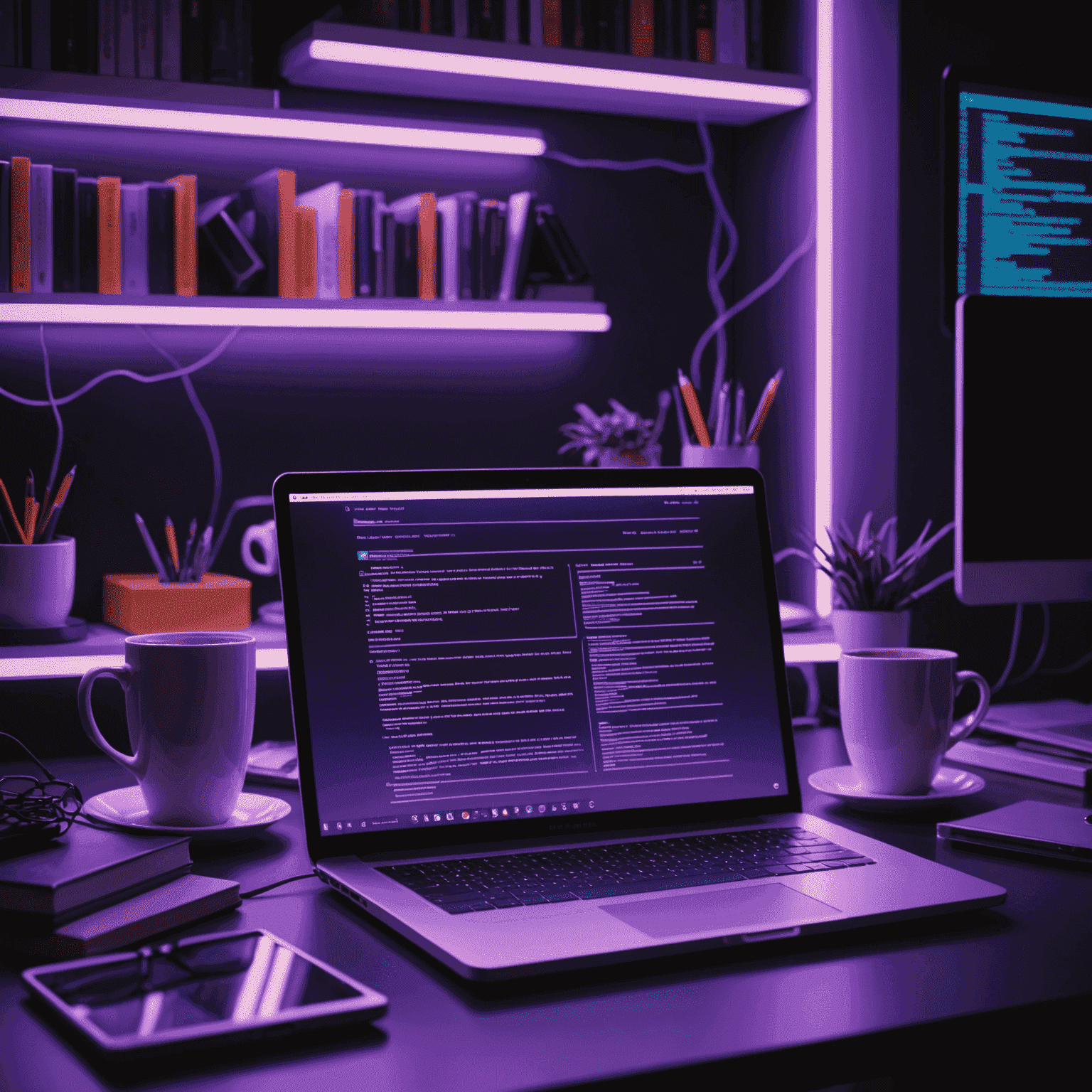 Una laptop mostrando código en la pantalla, rodeada de libros de programación y una taza de café. El ambiente está iluminado con luces de neón púrpura, dando un aspecto futurista y tecnológico.