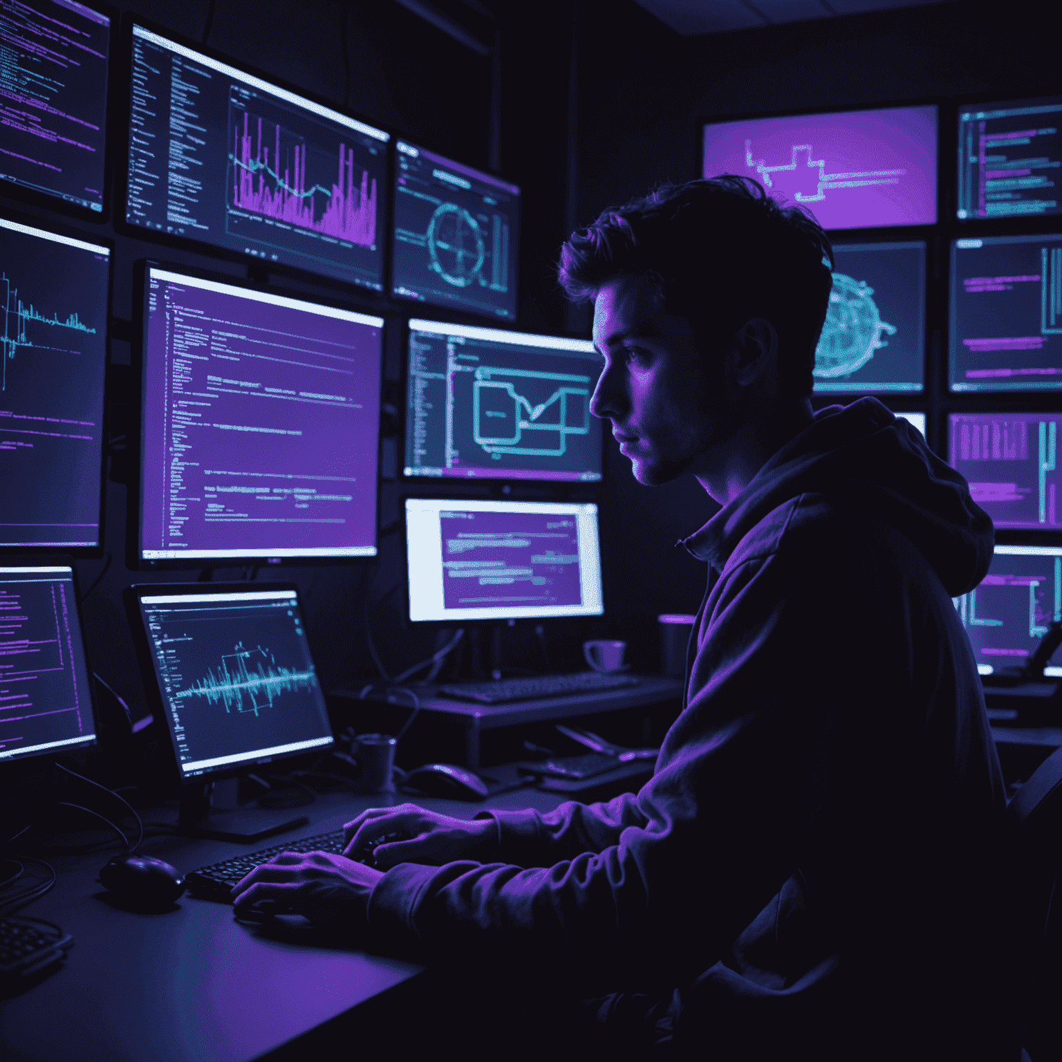 Un joven programador sentado frente a una computadora con múltiples pantallas, mostrando código y diagramas de flujo. El ambiente es oscuro con acentos de luz neón púrpura.