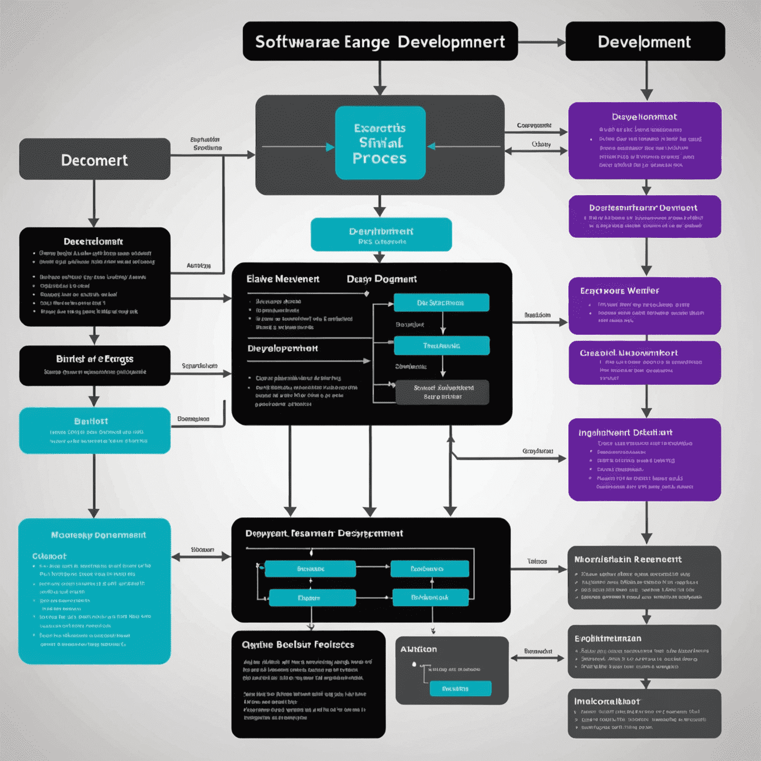 Imagen conceptual que muestra un diagrama de flujo del proceso de desarrollo de software, desde la idea inicial hasta el despliegue final. El diagrama utiliza los colores del esquema de la página: negro, gris oscuro, púrpura neón y turquesa eléctrico.