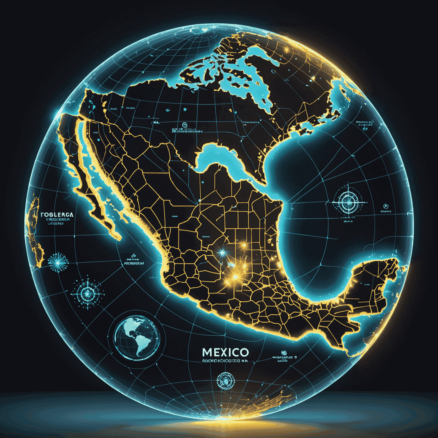 Un mapa de México iluminado con puntos brillantes que representan centros tecnológicos. Hologramas flotantes muestran logotipos de empresas tech mexicanas y gráficos de crecimiento del sector.