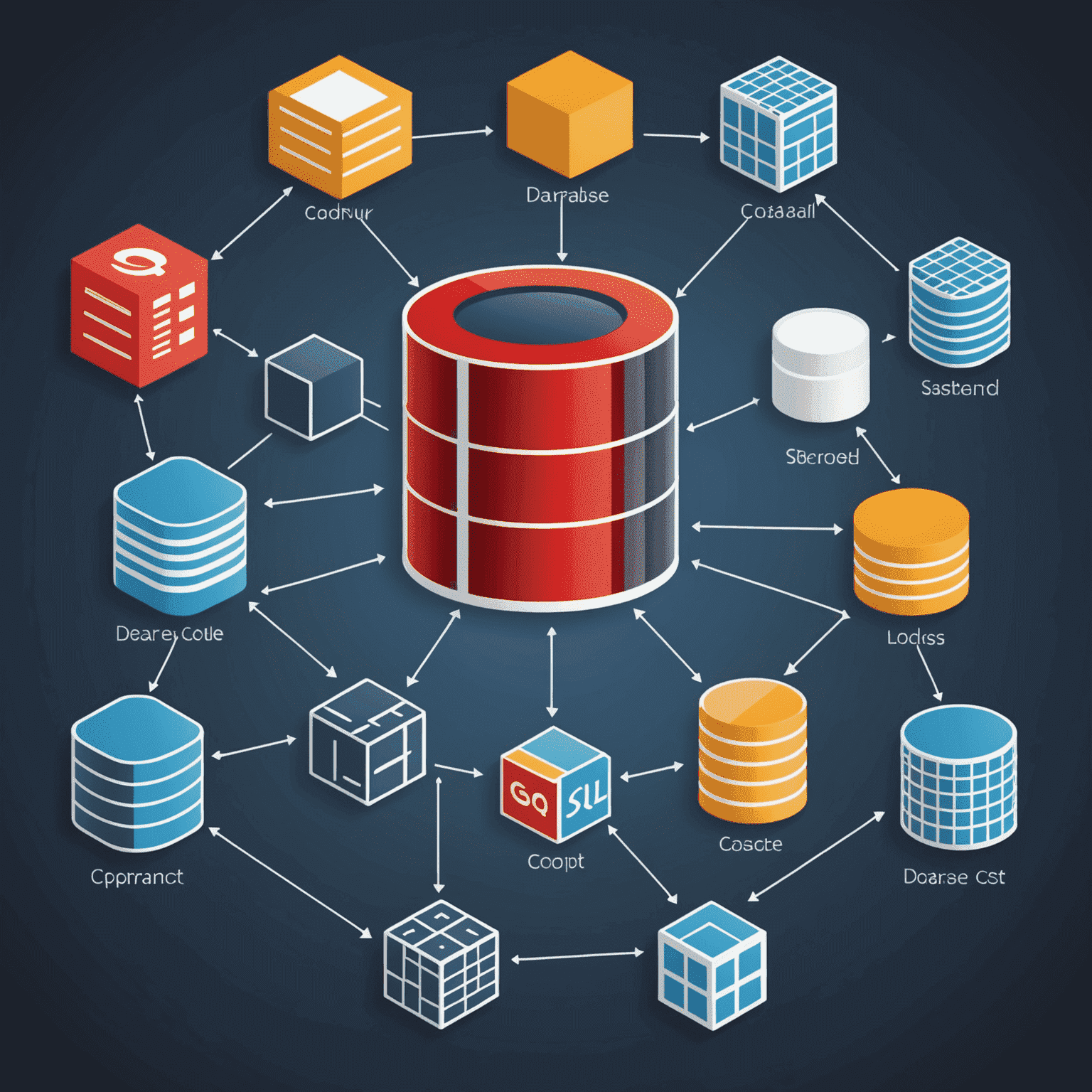 Imagen que muestra código SQL, diagramas de bases de datos y logos de sistemas de gestión de bases de datos populares